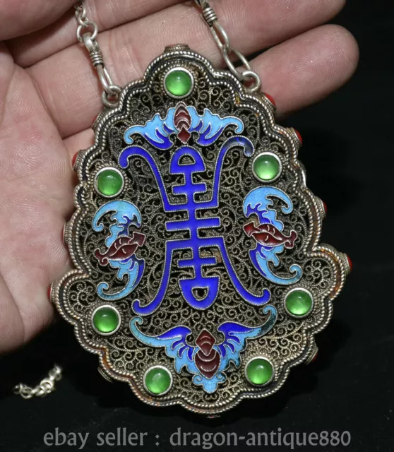 3.6" ancient Chinese Silver inlay gem bat Rune lock Amulet pendant