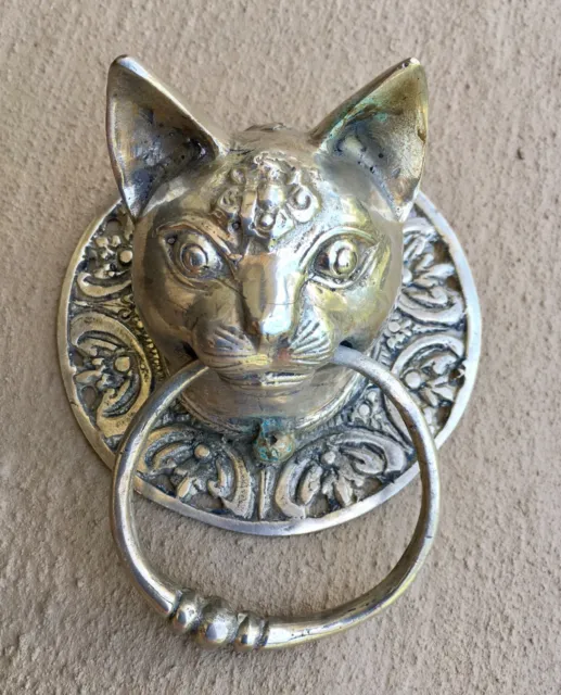 Cat head heavy Door handle SOLID brass  old style silver ring pull hook 10 cm  B