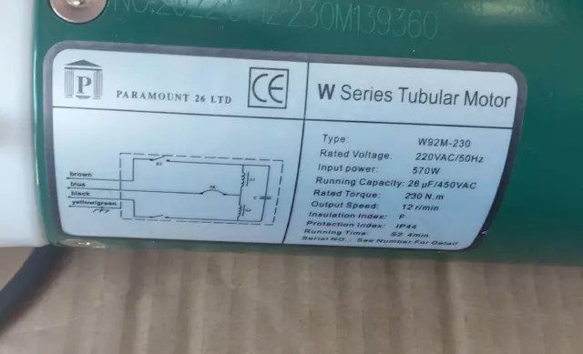 Motor de tubo eléctrico Paramount 26 W92M-230 230 Nm para puertas con obturador rodante