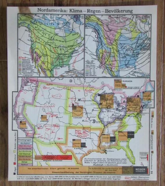 Nordamerika Klima Regen Bevölkerung - alte Karte Landkarte aus 1922 old map