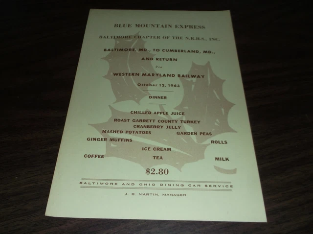 October 1963 Baltimore & Ohio B&O Dining Car Dinner Menu Western Maryland