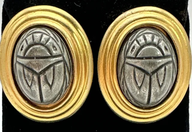 Ben-Amun Clip Earrings Gold Tone Gray Metal Scarab Signed