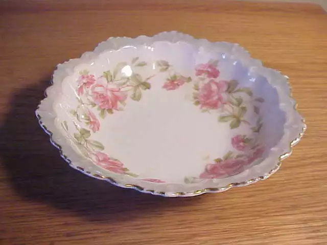 Vintage Austrian Porcelain 5" Berry Fruit Bowl - Fancy Green Border & Pink Roses
