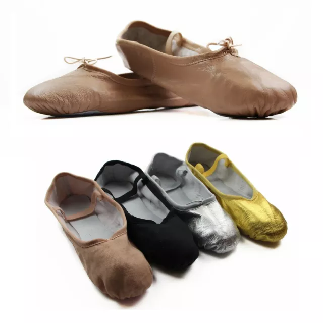 Girls Womens Dance Ballet Leather Shoes Kids Slippers Flats - Silver / Gold