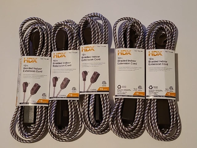 Lote de 5 cables de extensión interior trenzados HDX 10 pies calibre 16 125V 13 amperios 2 clavijas