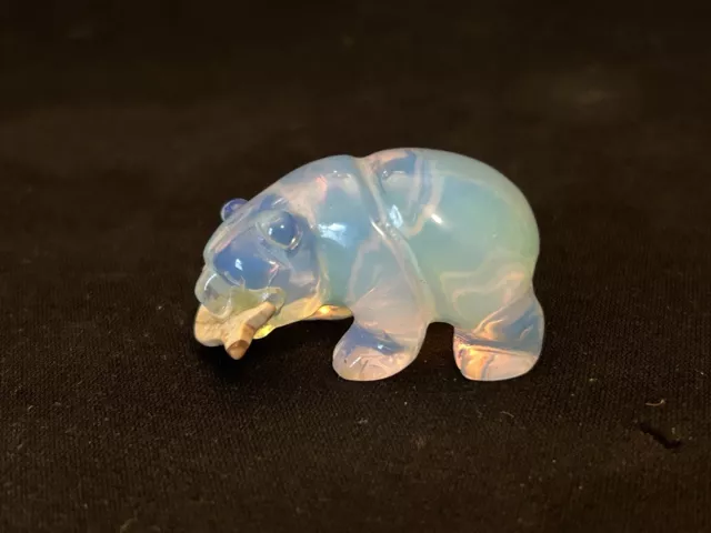 Opalite Iridescent Moonstone Carved Grizzly Bear with Fish Figurine