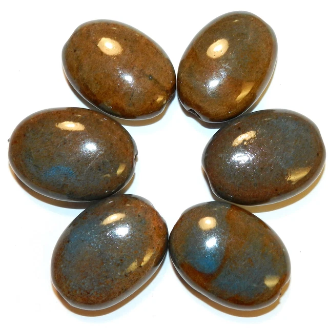 CPC293 Honey Brown & Aqua Blue 30mm Flat Puffed Oval Glazed Ceramic Beads 6pc
