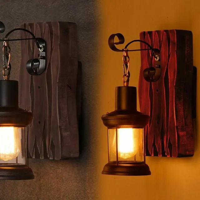 2xAntik Retro Vintage Industriell Holz Wandleuchte Wand Lampe Wandleuchter Licht 2