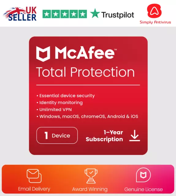 McAfee Total Protection Antivirus 2024 1 Appareil 1 An 5 Minutes Email Livraison