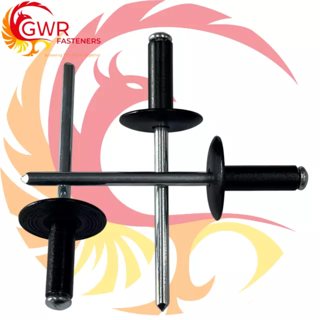 4.8MM BLACK EXTRA Large Flange Pop Rivets Dome Head Aluminium / Steel £