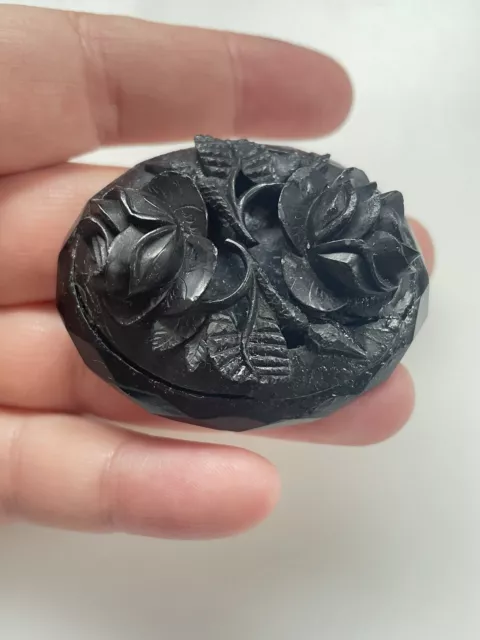 Antique Victorian Whitby Jet Intricately Hand Carved Roses Large Brooch Pin 2"