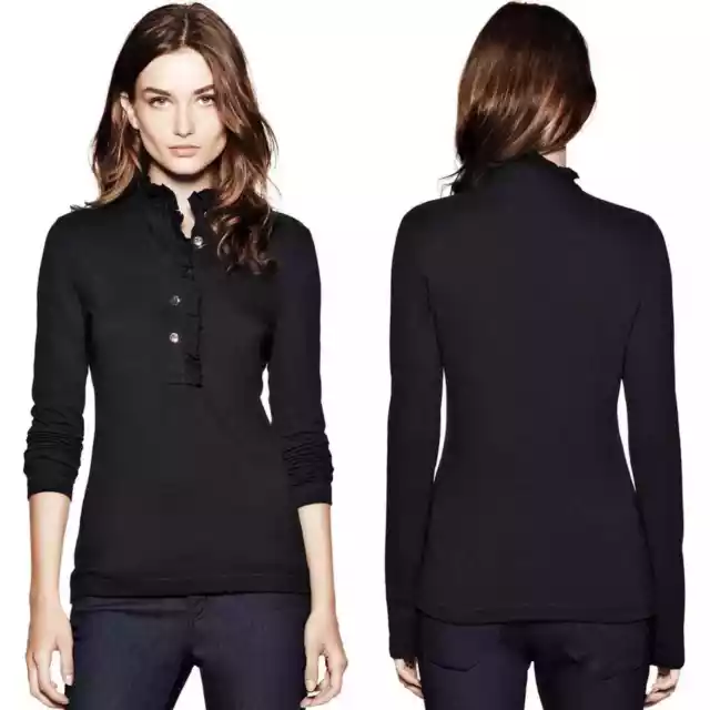 NWT Tory Burch Lidia Long Sleeve Ruffle Polo Shirt Top Black Size