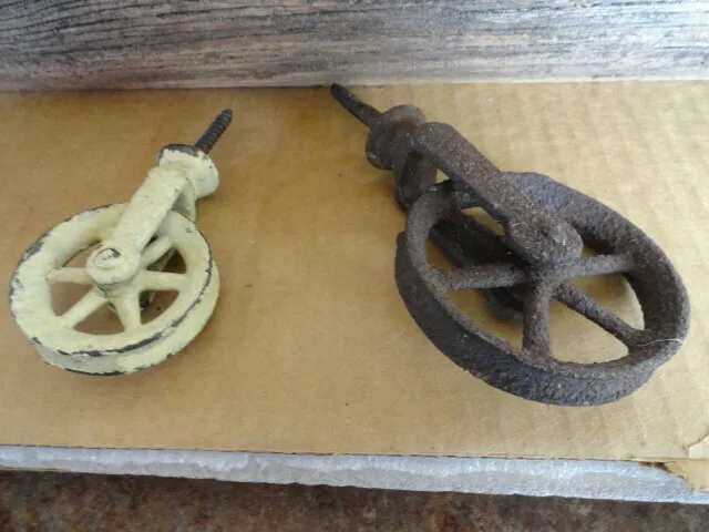 2 Vtg Antique Lag Screw Bolt Cable Trolley Wheels Pulley