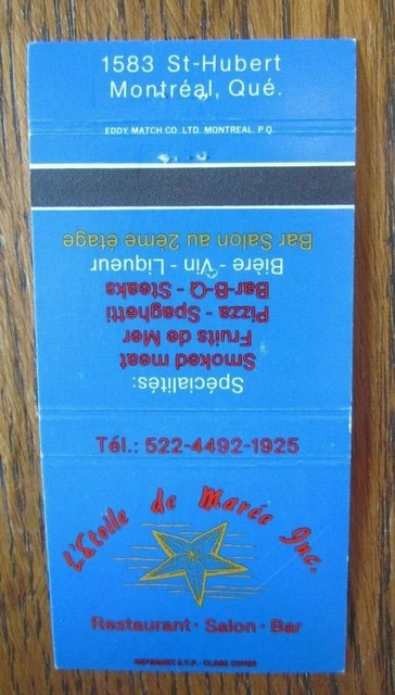 Deli Restaurant Matchbook Cover: Étoile De Marée Montreal, Quebec Matchcover -D8