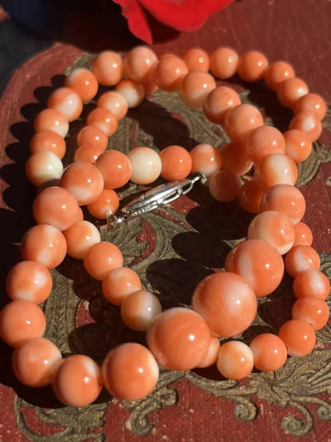 Vintage Asian S925 Natural Orange Momo Coral 5.7-9.5mm beads Necklace 17” 26.3g