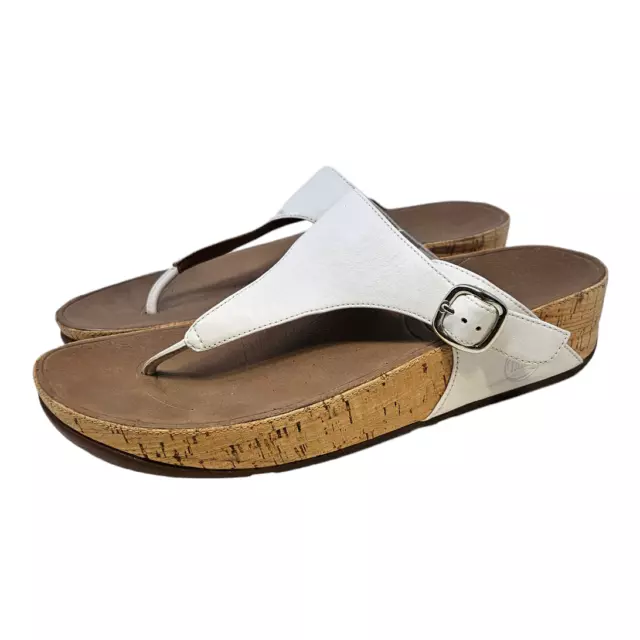 Fitflop 10 Lulu White Buckle Cork Fit Flop Sandal Thong Leather Comfort Coastal