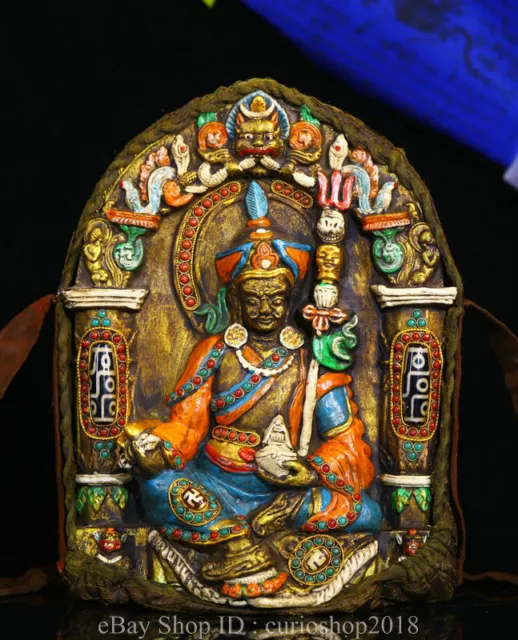 10.4 "Old Tibet incense ash Dzi Beads Painting Guru Padmasambhava Buddha Statue