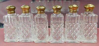 Antique FOREIGN  Diamond Press Glass Brass Top Individual Shakers Set of Six