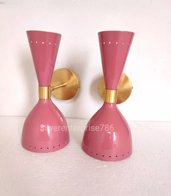 Mid Century 50's 60's Brass Italian pink Diabolo Wall Sconce Light Fixture Lamp