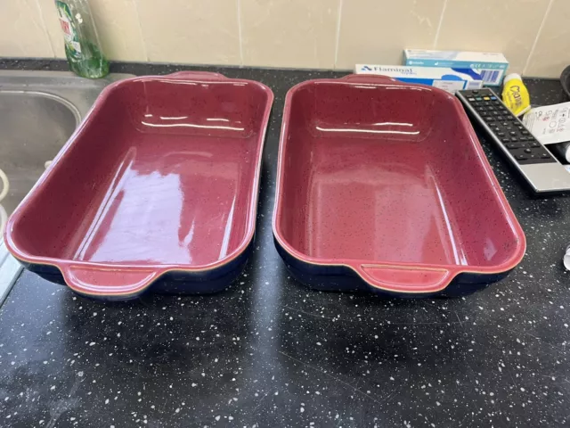 2 Pair Denby Harlequin Red Blue Baking Serving Vegetable Casserole Oven Dish 2
