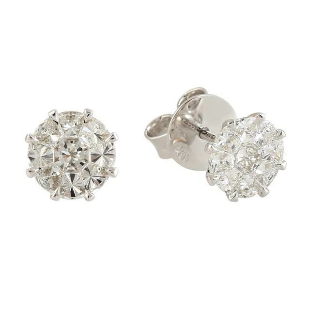 Diamant Rond Clous D'Oreilles 18k or Blanc Fait à la Main Femme Bijoux