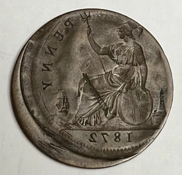 RARE 1872 Victoria Obverse Brockage Error Penny Off-Center Great Britain coin