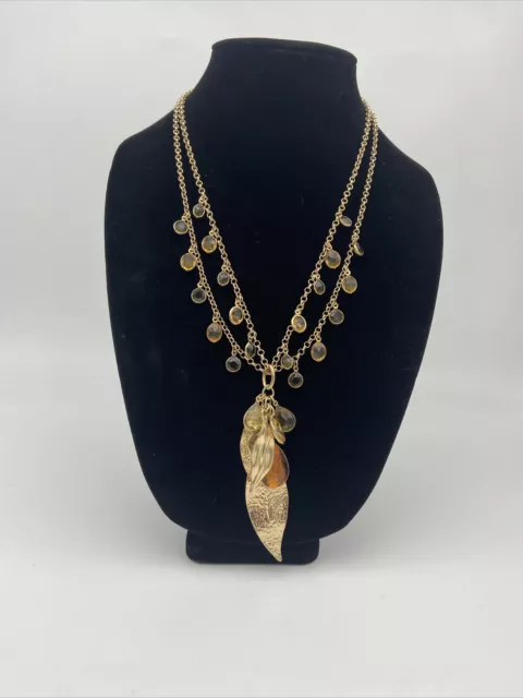 Charming Charlie Gold Tone Bead Necklace Rhinestone Leaves Drop Brown Crystals