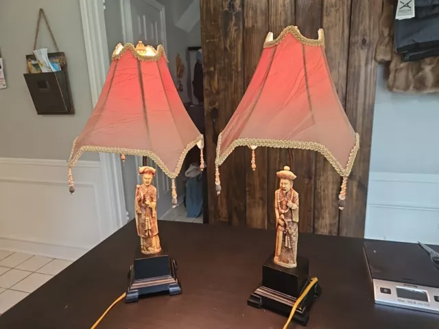 Pair of BERMAN Signed Figural Mandarin Table Lamps Oriental Asia China