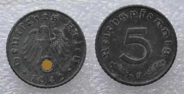 Deutsches Reich, Drittes Reich, 5 Reichspfennig 1942 F vz, Zink