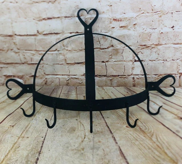 vtg Wrought Iron Pot Rack Hand Forged Hanging Pot & Pan Holder with 5 hooks
