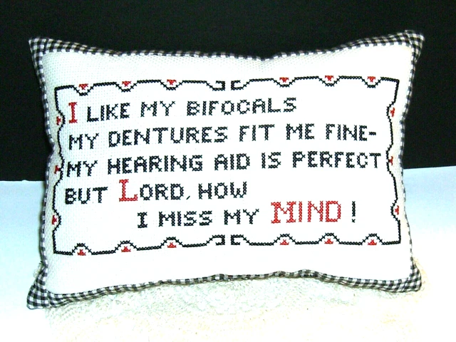 "Caprichosa almohada de acento punto de cruz ""Lo que más me pierdo"" --hecha a mano-6"" x 9"