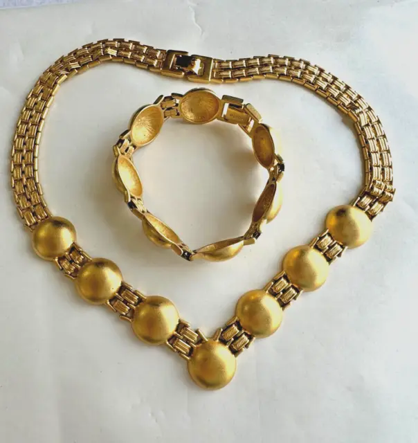 Monet Vintage Set Modernist Wide Link Necklace Bracelet Gold Tone Gilt Satin Dem
