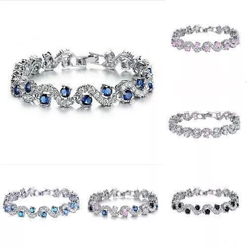 Women Girls Silver Zircon Rhinestone Bangle Bracelet Wedding Band Jewellery