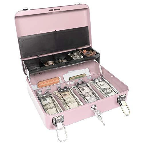 Large Pink Cash Box with Money Tray, Secure Lock, Cantilever Coin Tray 4 Bill...