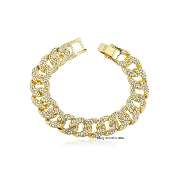 MENS YELLOW GOLD FINISH LAB DIAMOND  15mm THICK MIAMI CUBAN LINK BRACELET CHAIN