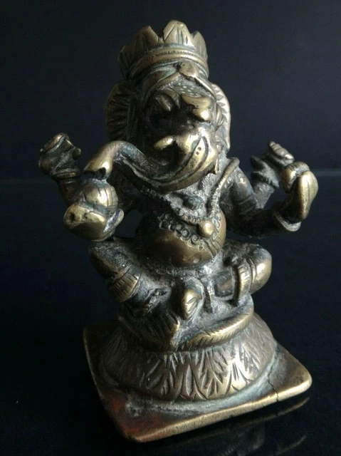 Ancien Bronze Ganesh Allongé - Statue Divinité Indienne - Figurine Inde Originale