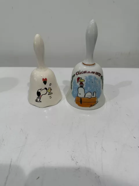 Vintage Peanuts Schmid Snoopy & Woodstock Christmas 1975 Porcelain Hand Bells