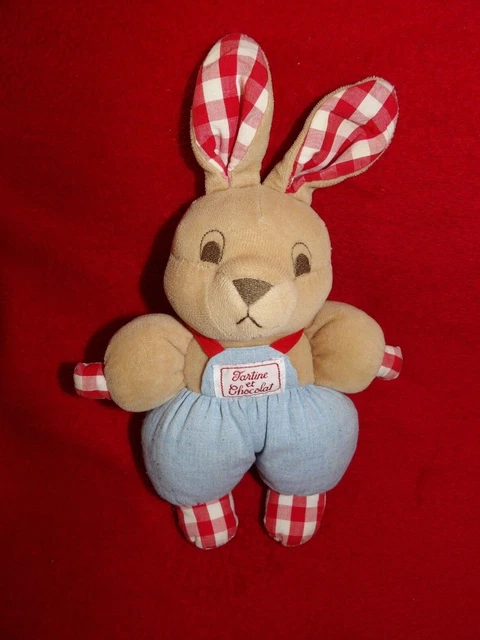 Doudou Peluche Tartine et Chocolat Lapin Beige Bleu Vichy Rouge 19/25 cm