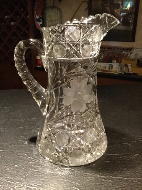 Antique American Brilliant Cut Glass Large Pitcher Harvard Pattern Chair Bottom