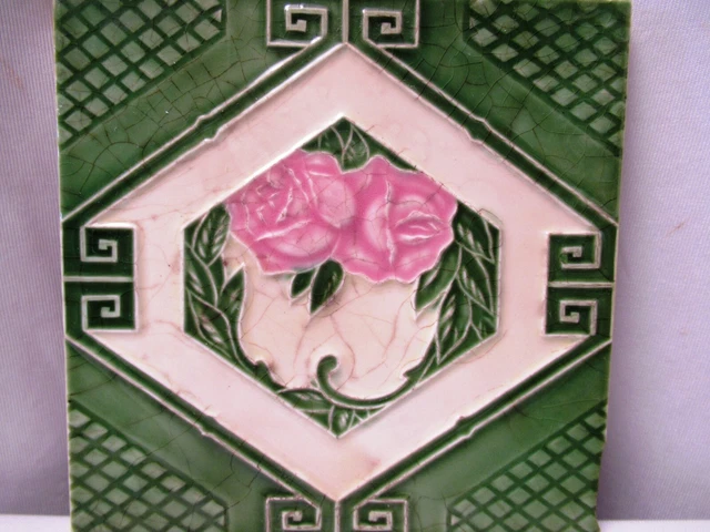 Antique Tile Majolica Art Nouveau Japan Floral Rose Green Geometric Design "701 2