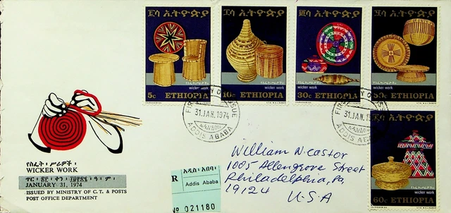Sephil Äthiopien 1974 Weidenkorb Arbeit 5v Auf A. Abeba Regd FDC To Philadelphia