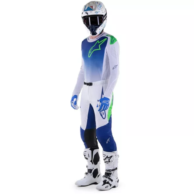 Completo Uomo Cross Maglia Pantaloni Alpinestars Supertech Risen Blu Bianco