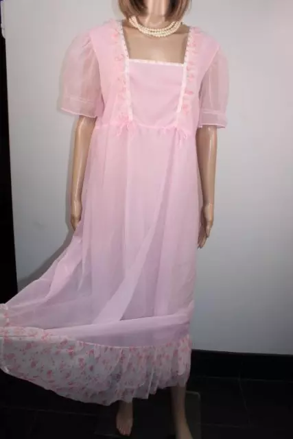 Vtg 70S Pink 2 Layer Silky Ultra Sheer Nylon & Lace Nightdress, Size Wx Long