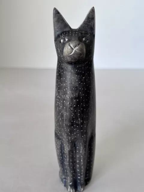 African Hand Carved Stone Cat Sculpture Figurine Hand Painted Accents Stylised A