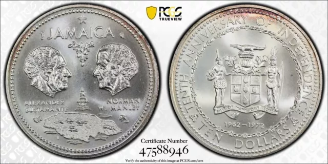 1972 $10 Jamaica (Silver) 10Th Anniversary Independence Pcgs Ms68 #47588946