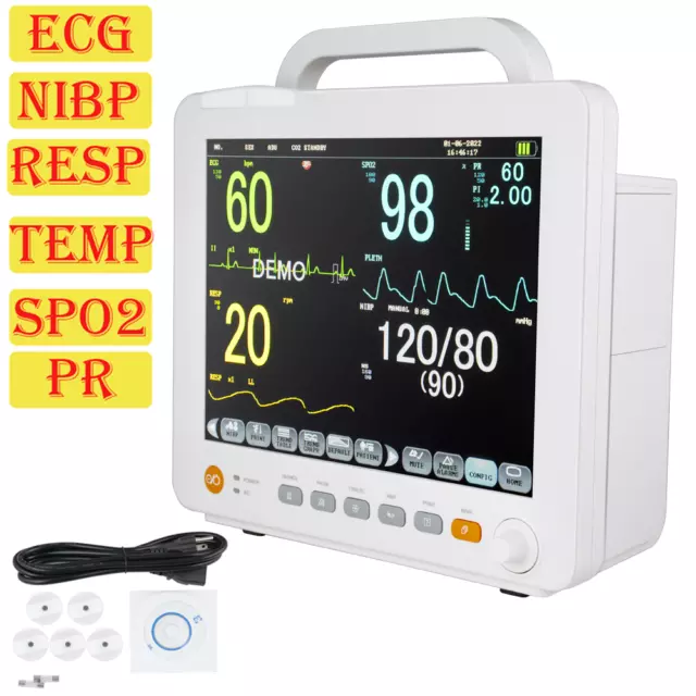 Portable 12'' Touch Modular Plug-in Patient Monitor ECG NIBP RESP TEMP SPO2 PR