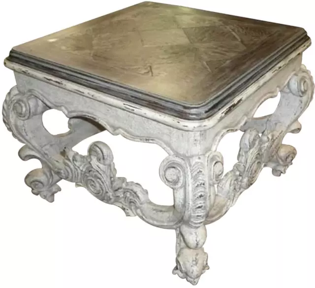 End Table Baroque Rococo Carved, Distressed White Wood, Oak Parquet, Square