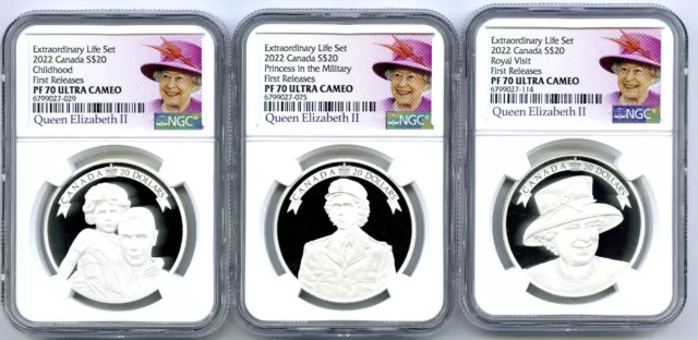 2022 $20 Canada Silver Proof Ngc Pf70 Qeii Extraordinary Life 3-Coin Set -Fr Ogp