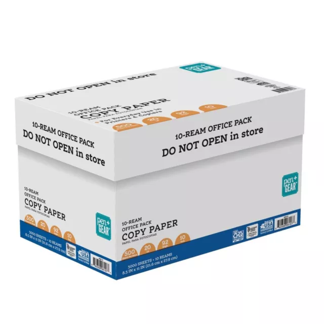 Pen+Gear Copy Paper8.5" x 11" 92 Bright White, 20 lb. 10 Ream Case (5,000 Sheet)