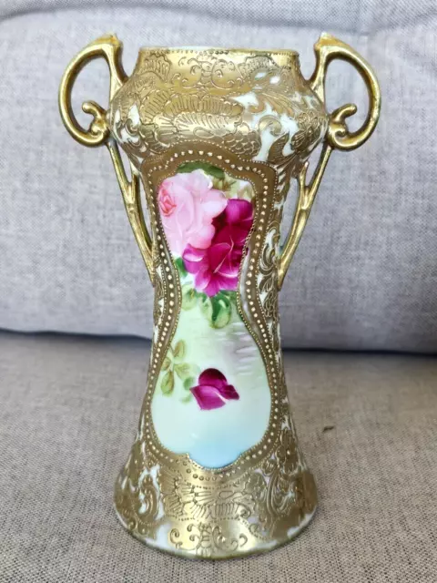 Nippon Ie&C Co. Antique Vase Heavy Raised Beaded Gold Hand-Painted Roses Moriage